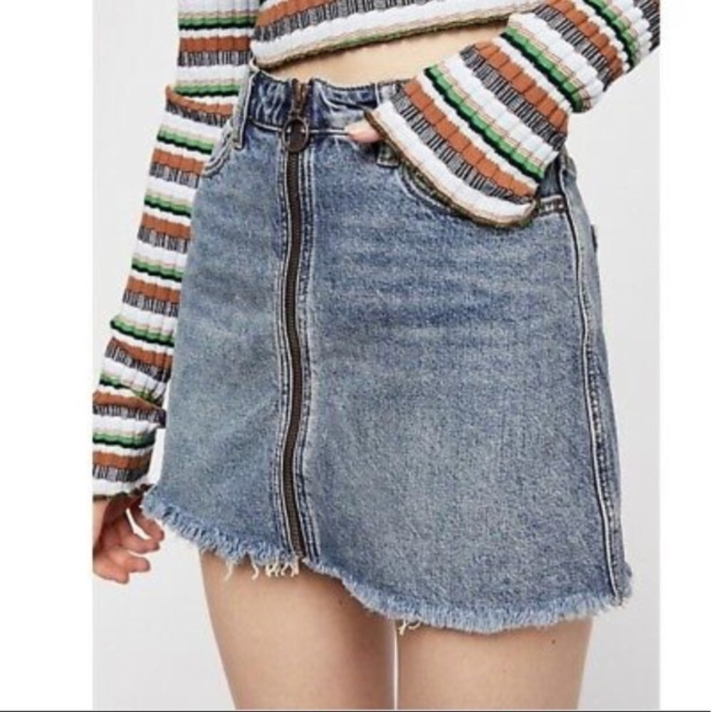 Free People preppy western Zip it up denim blue raw hem cowgirl mini jean Skirt